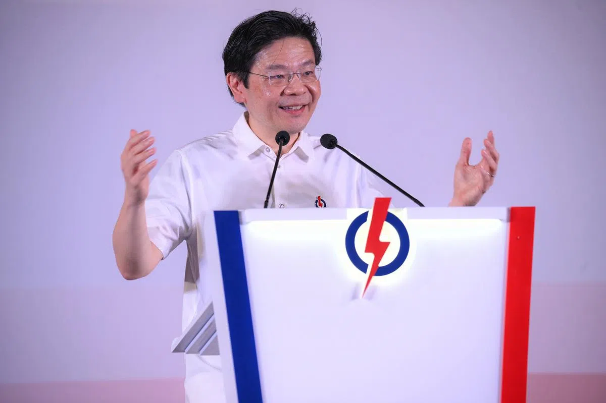 黄循财总理在4月24日的人民行动党群众大会上发言。（海峡时报）