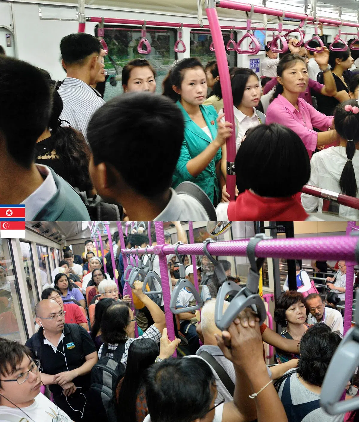  上图：平壤的巴士在尖峰时期挤满了人。有越来越多女性开始穿上更鲜艳的外套和衣服，凸显个人特色；也有更多男士穿起西式衬衫。（联合早报） 下图：新加坡的巴士高峰期也是挤得水泄不通，但这里天气炎热，乘客的穿着都比较随意轻便。（新明日报）   
