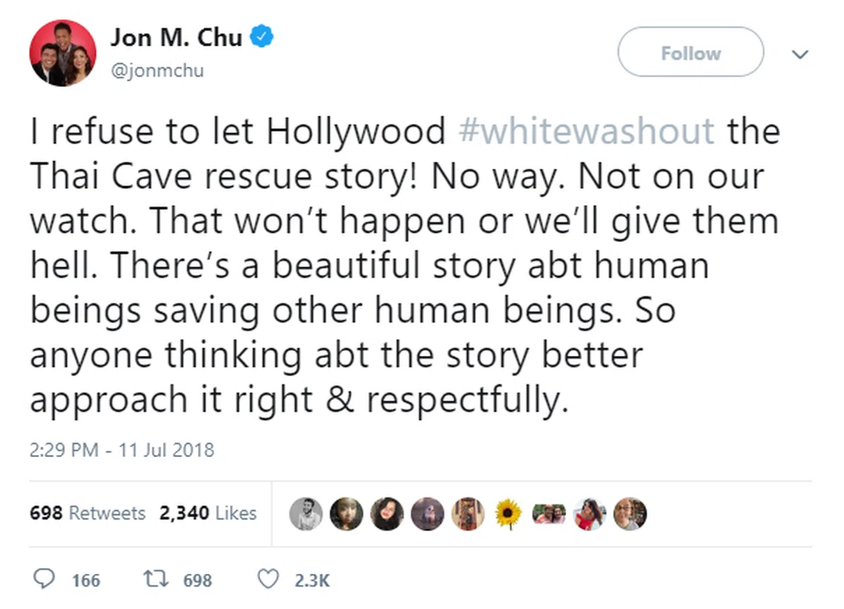 朱浩伟7月在推特上也发贴文表示，他拒绝让好莱坞“漂白(whitewashout)”这个扣人心弦的故事，他说“这是个人类挽救其他人类的故事，想开拍这则故事的人最好带着正直且尊敬的心来看待它。” 