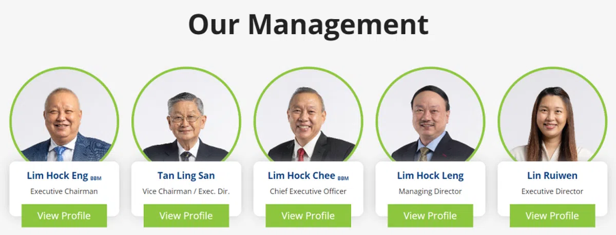 昇菘集团的高层管理人员。左起：执行主席林福荣、副主席陈能山、总裁林福星、董事经理林佑龙，以及昇菘的第二代领导——执行董事林睿雯。（昇菘集团官网）​​​​