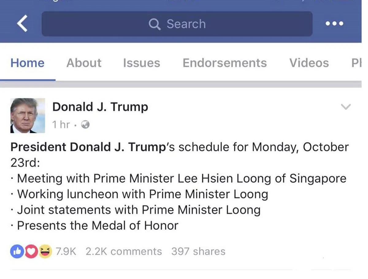  （特朗普面簿截图） 