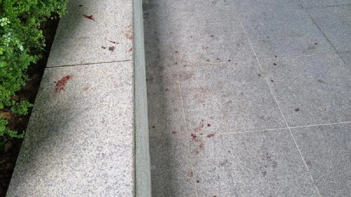 本地超过六成的持刀案件发生在公共及商业场所。图为今年1月1日乌节中央城购物商场一起伤人案的现场，可见地上仍留有血迹。（新明日报）