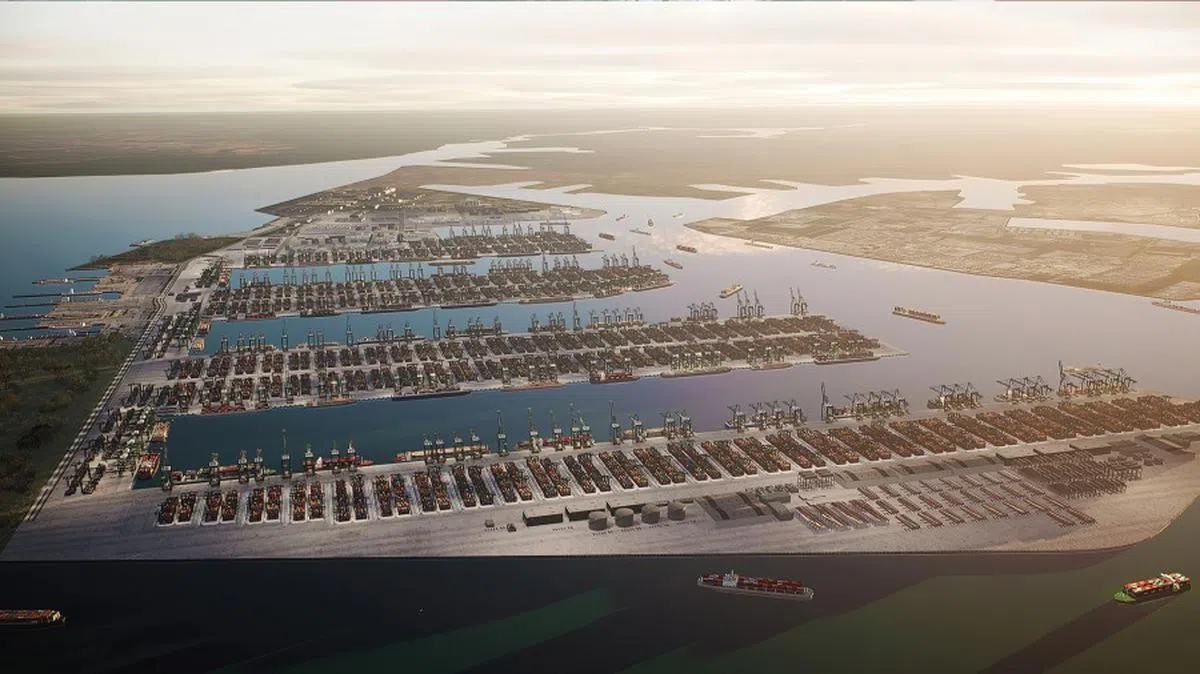 李显龙总理在国庆群众大会上表示，大士港口将是全球最大的全自动港口，这会让新加坡成为海事领域数一数二的领导者。（构想图，李显龙总理面簿）