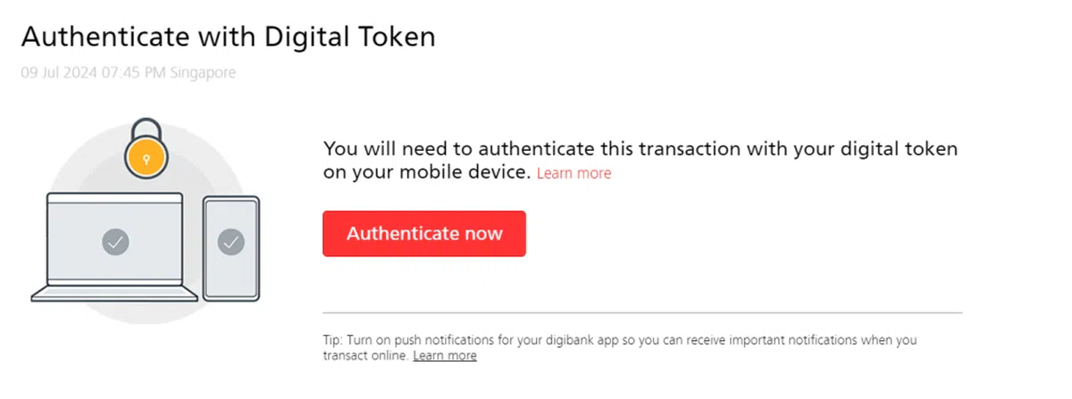 使用数码认证的客户在电脑网页登录银行账户时，会被要求使用手机进行数码认证。（截图）