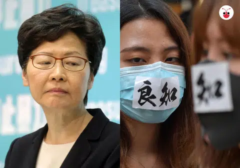 林郑月娥（左）宣布实施《禁蒙面法》引发大批市民上街抗议。（李国豪制图）