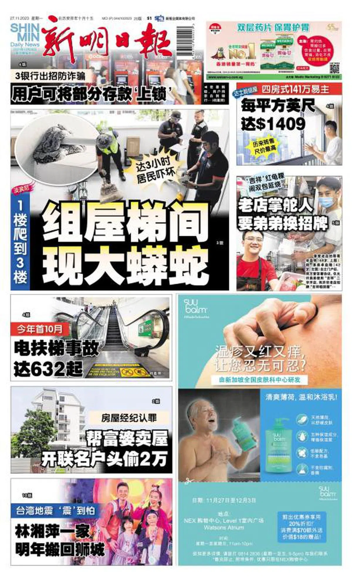 居民们看到住家外头（再次强调，是屋外的公共区域）出现蟒蛇就会吓得报警。刊登在11月27日的《新明日报》