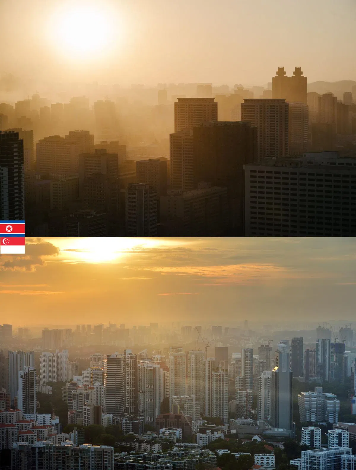  就连日出日落时薄雾笼罩透出光束的城市天际线也一样漂亮。如果红蚂蚁不告诉你，谁能猜得出来哪一张是新加坡哪一张是平壤？第一张照片里面那座最显眼、头上有两个“皇冠”的建筑，就是平壤著名的高丽酒店，高500英尺的它是朝鲜第二高的饭店。上图（Mindy Tan摄）下图（海峡时报） 
