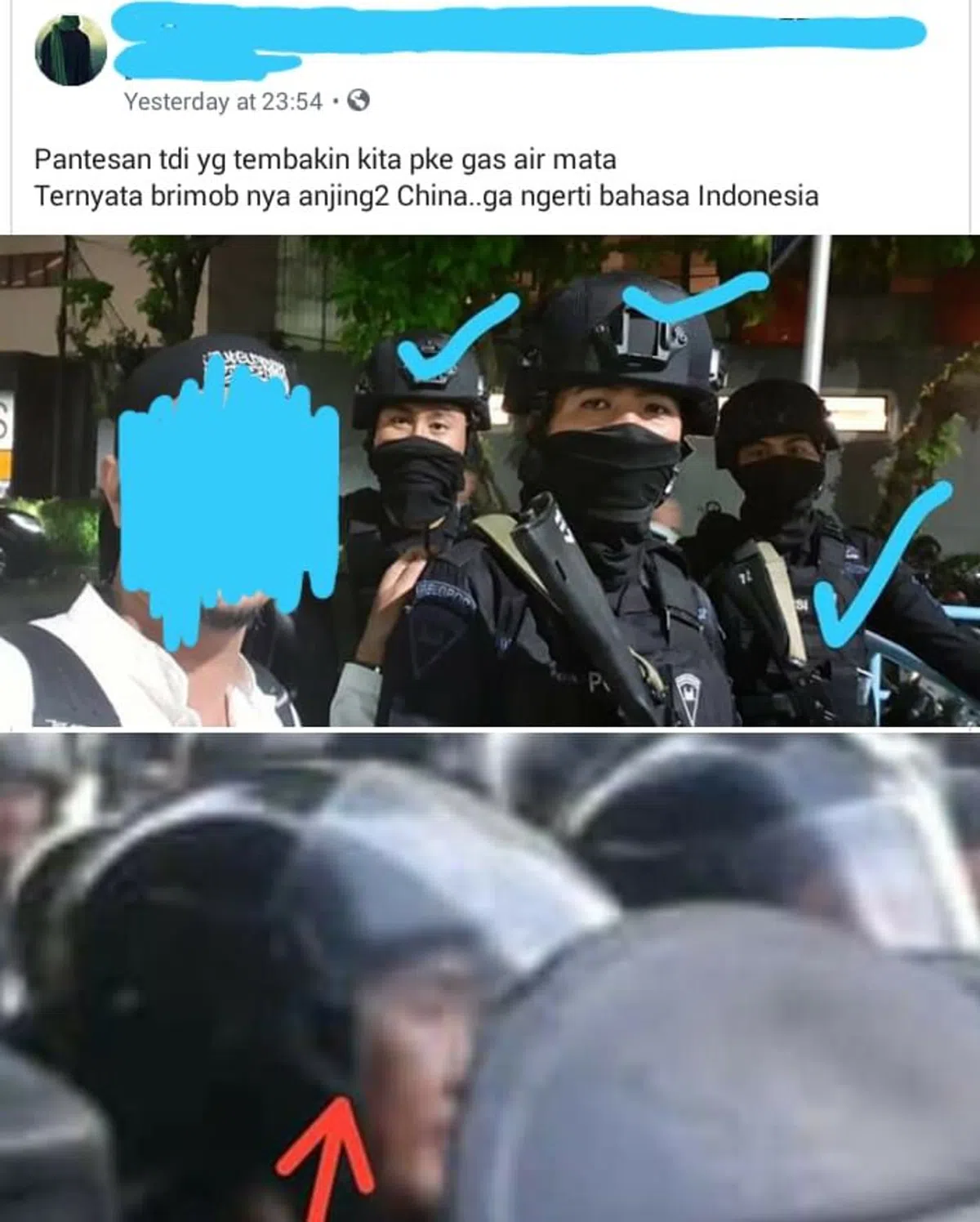  社交媒体流传着一则贴文，声称镇压暴动的军警来自中国。（南华早报） 