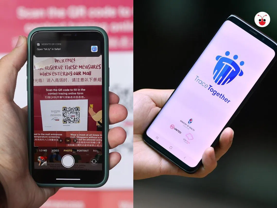 左起：“断路器”（Circuit Breaker）期间，许多公共场合，如商场、超市所采用的SafeEntry防控系统，以及新加坡政府科技局（GovTech）4月初推出的手机应用“TraceTogether”。（红蚂蚁制图）