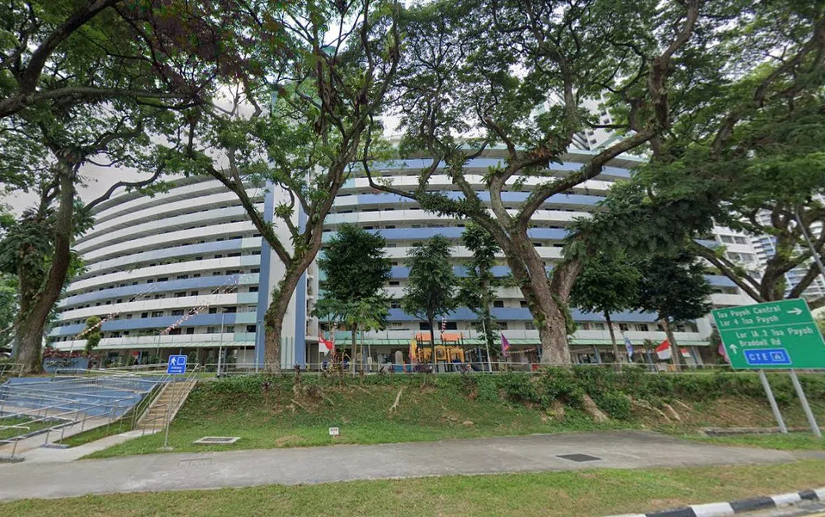 大树环绕、呈弧线型的大巴窑1巷第157座组屋。（谷歌街景截图）