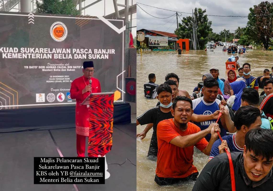 马国青体部长阿末费沙（左）因为为青年志工救灾行动”开幕“而备受舆论抨击。（红蚂蚁制图）