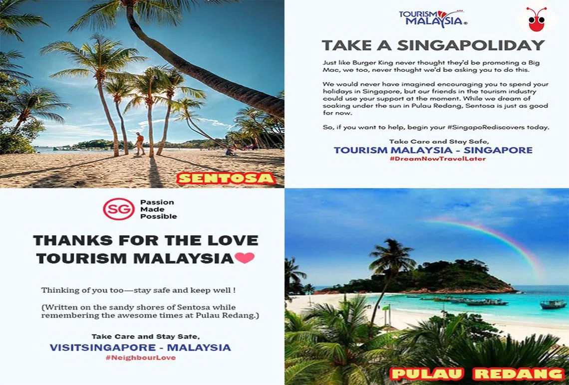 左上：圣淘沙巴拉湾海滩（Palawan Beach），右下：马国热浪岛（Pulau Redang）。（红蚂蚁制图）