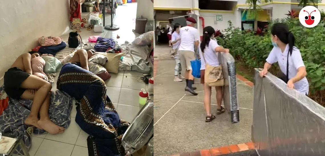 义工们正以接力的方式传递床褥，送到位于亨德森道的政府组屋内，为有需要的人士送给上温暖。（红蚂蚁制图） 