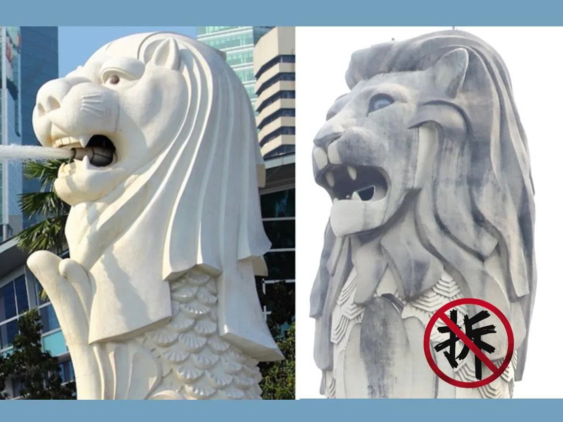 滨海湾鱼尾狮（左）造型较温和，一直被视为“正版”。即将被拆除的圣淘沙鱼尾狮（右）虽以庞大体型取胜，面貌却被公认为最“狰狞”。（张丽苹制图）