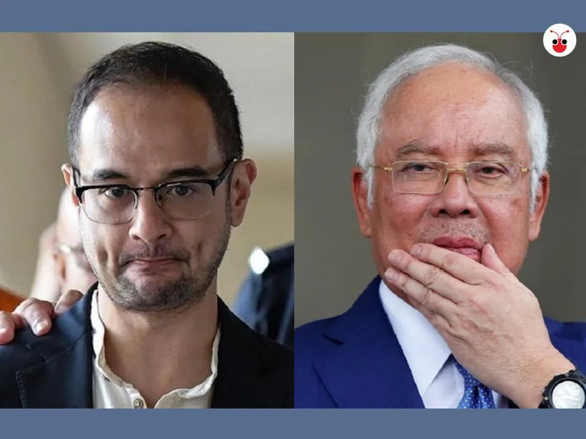 前首相纳吉（右）的继子里扎（左）在洗钱案获得释放，但不等同于无罪。（红蚂蚁制图）
