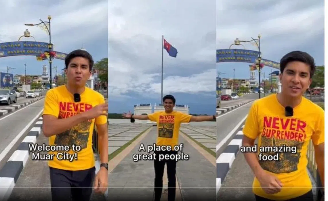 麻坡议员赛沙迪亮出招牌笑容，向新加坡人介绍麻坡。（视频截图）