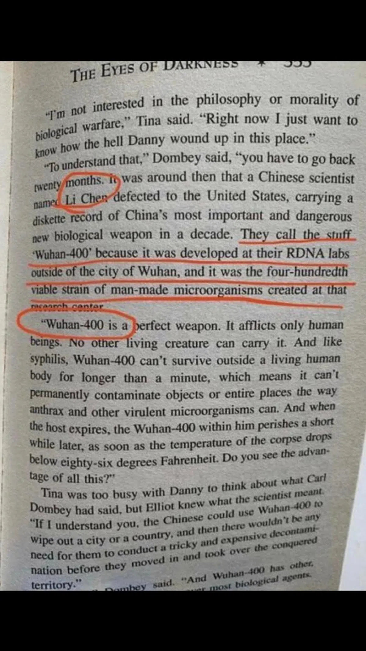  《黑夜之眼》书中出现的“Wuhan-400”的页面被疯传。（互联网） 
