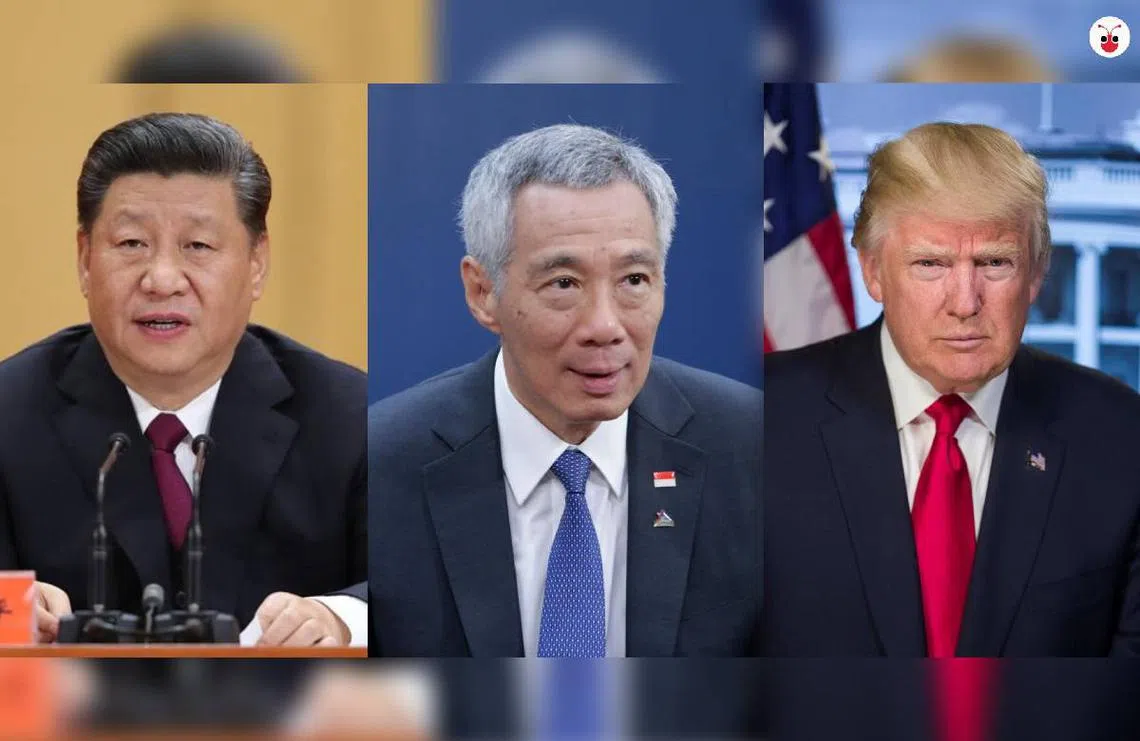 李显龙总理（中）说：“我是你的朋友，但我也是他的朋友，我不是（任何人的）跟屁虫（stooge），我代表我自己。” 左为中国国家主席习近平，右为美国总统特朗普。（戴筠懿制图）