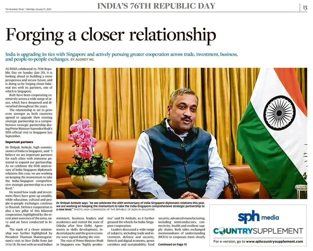 2025年刊登于《商业时报》的印度76周年共和国日特辑，以“打造更密切的关系”为题。