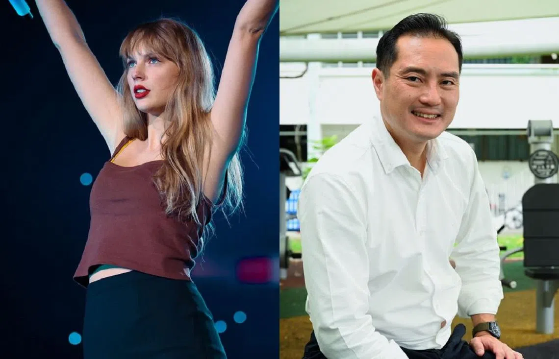 青年节主办方赠送西洋天后泰勒丝（左）的演唱会门票，条件是：演出开场前会与通讯及新闻部兼国家发展部高级政务部长陈杰豪聊天互动。（取自泰勒丝脸书、每日新闻／红蚂蚁制图）