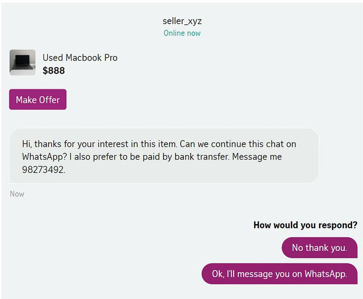 骗徒通过网购平台Carousell联系受害者，假装对对方欲卖出的物品感兴趣，精心布局让受害者上钩。（海峡时报示意图）