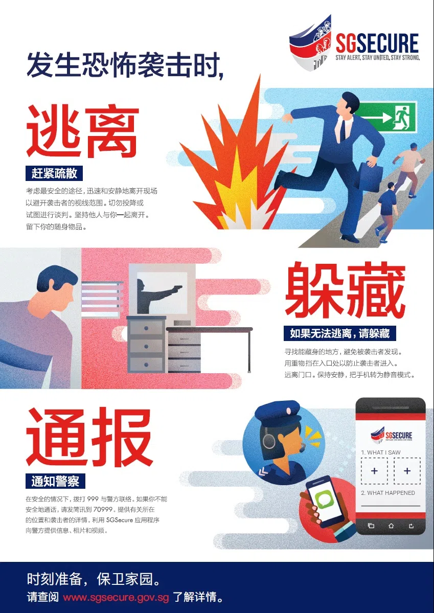 新加坡当局给公众的建议是，遇到恐怖袭击时，先逃离（赶紧疏散）、躲藏（若无法逃离时），以及通报。