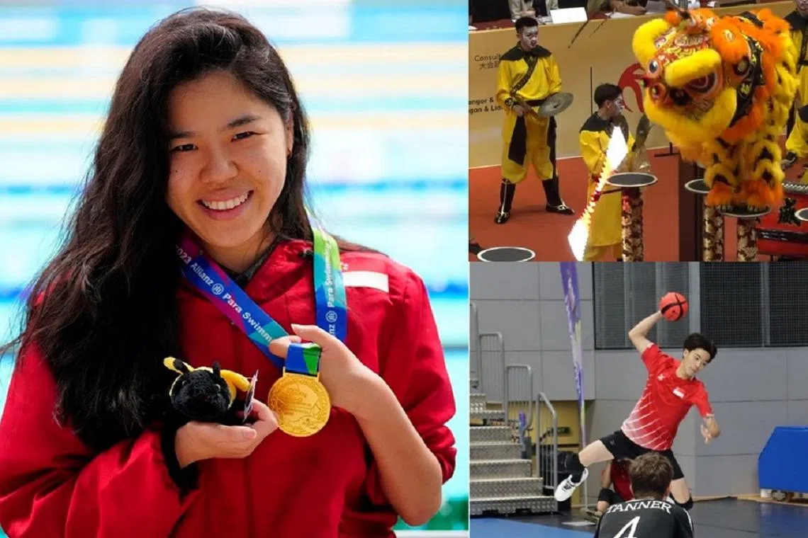 我国残奥会游泳冠军叶品秀、艺威体育会舞狮队和巧固球男队在国庆日前的周末，在赛场上有所斩获。（红蚂蚁制图）