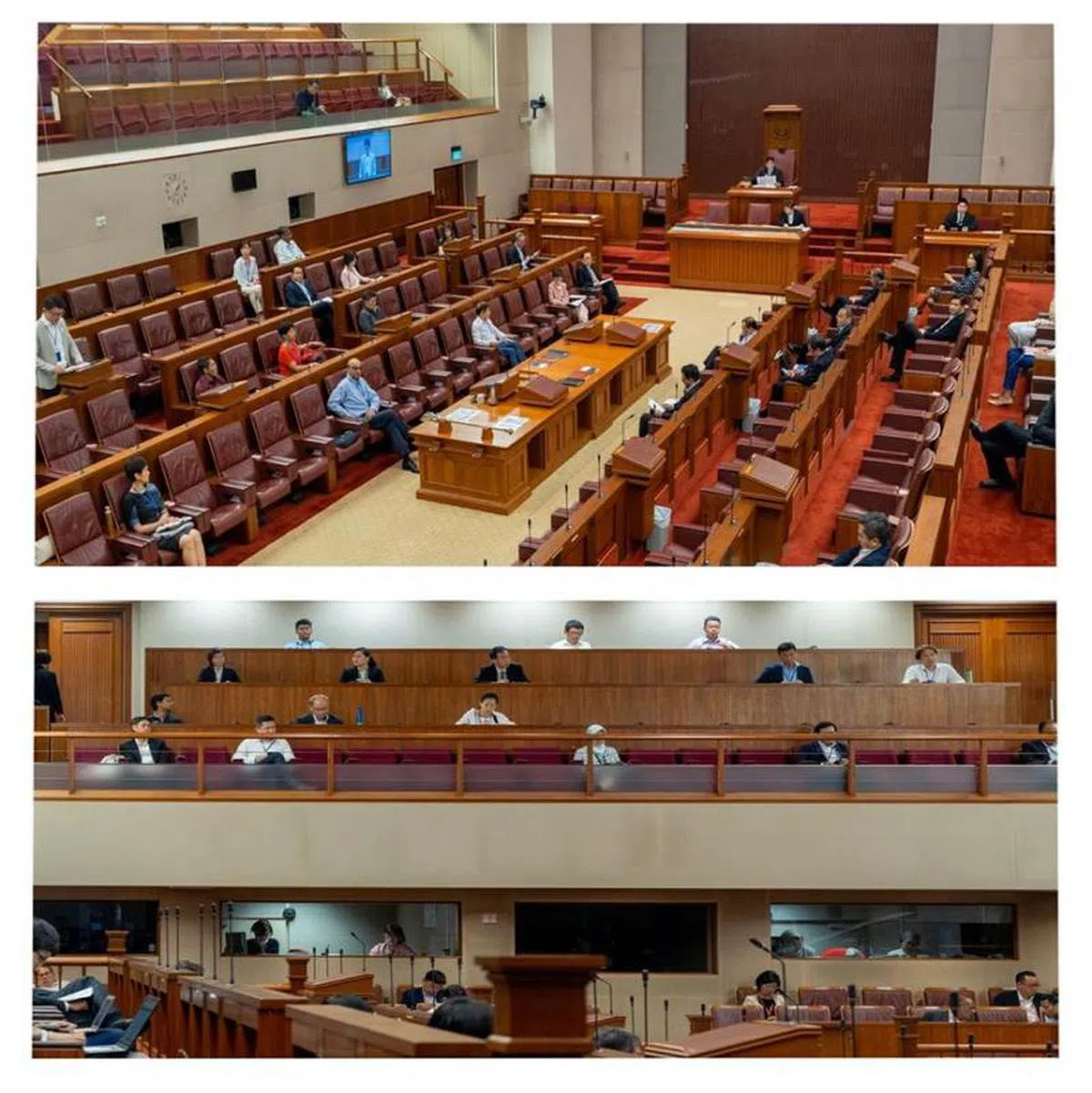  国会复会后遵守减少社会接触的措施，议员们之间的座位都拉开了距离。（联合早报） 