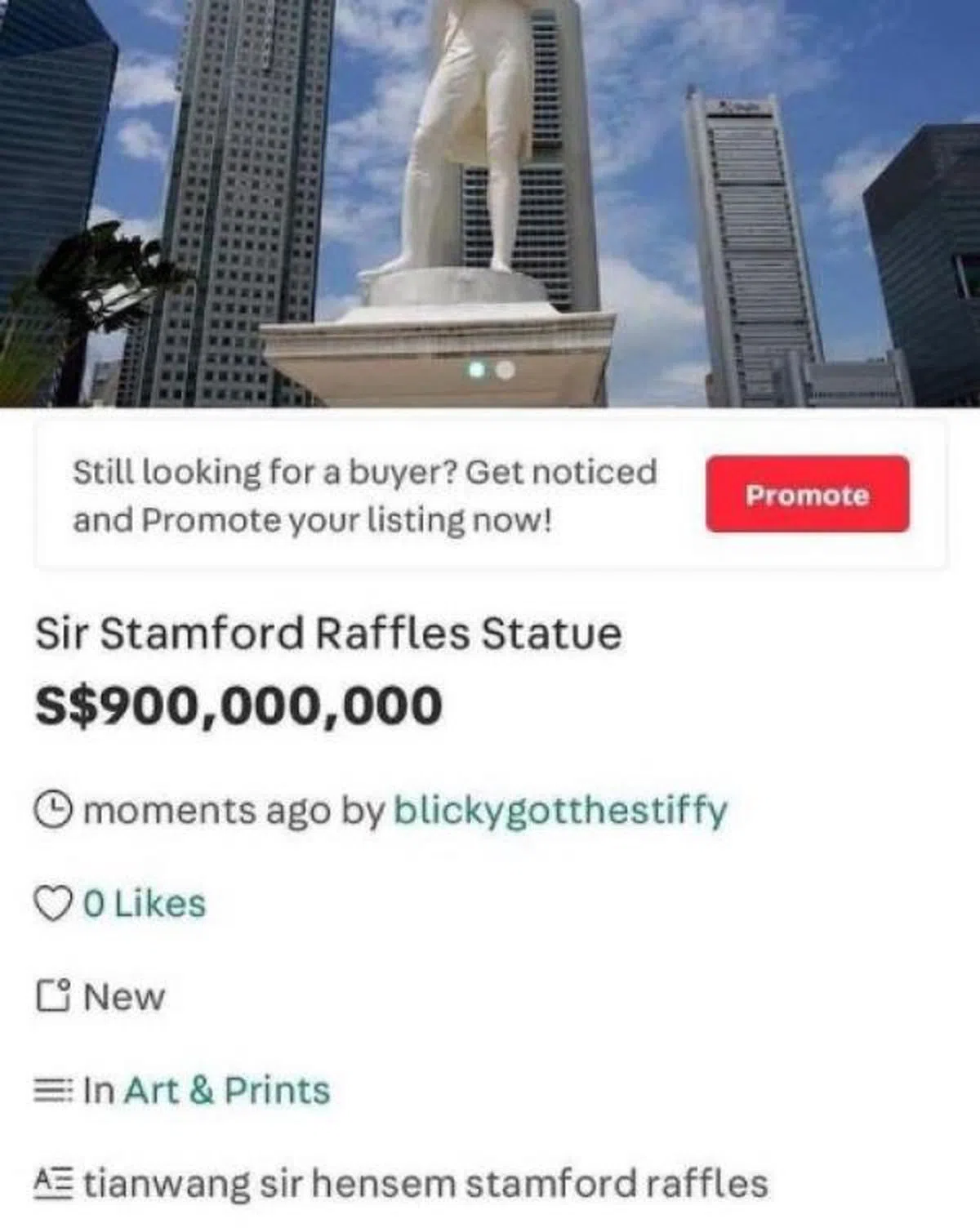  （设计对白）莱佛士：老夫竟然也要被卖了？（sell.singapore Instagram） 