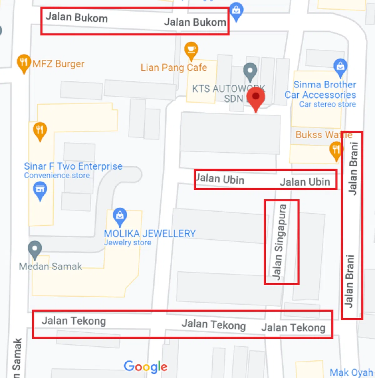 槟城乔治市的新加坡街和相邻的四条以新加坡岛屿命名的小路。（谷歌地图截图）