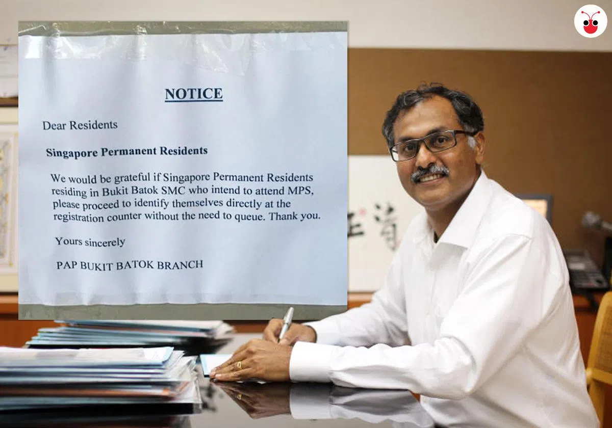  武吉巴督单选区接见选民活动上摆放这一告示牌，被网民拍下后放上网断章取义。该区议员穆仁理（右）出面澄清这是假新闻。（谢静怡制图） 