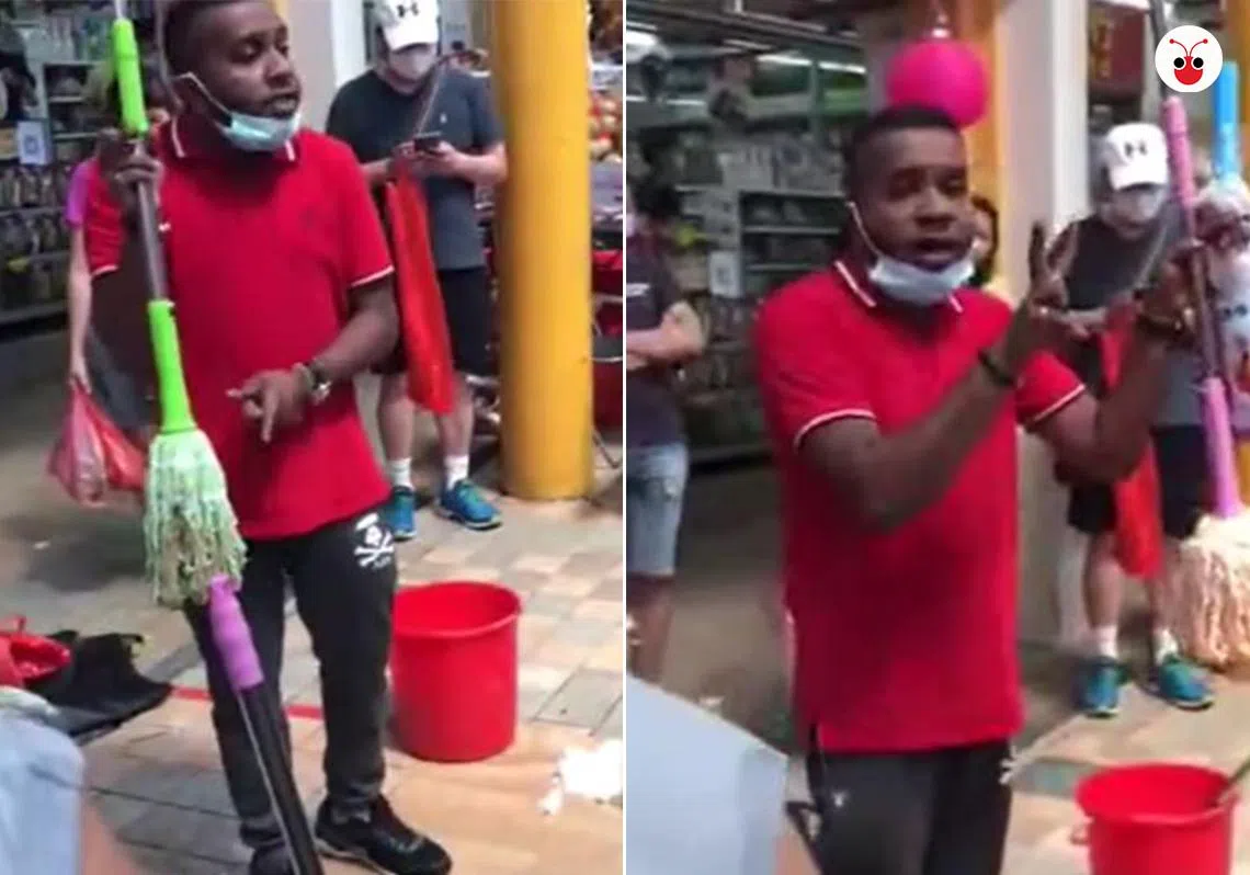 日前网络疯传一部销售视频，穿着红衣、口说中文及福建话的印族男子，现场示范自家兜售的拖把，引起民众驻足围观。（Zeng Li Ren面簿 / 红蚂蚁制图）