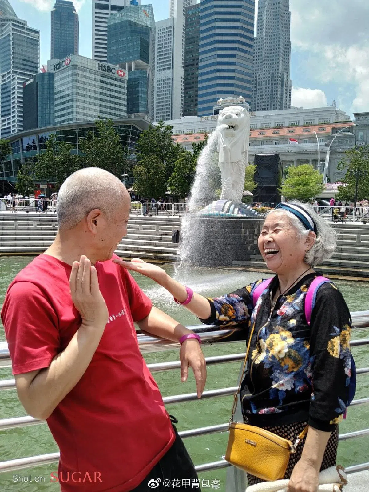  新加坡鱼尾狮前拍下有爱画面。（花甲背包客微博） 