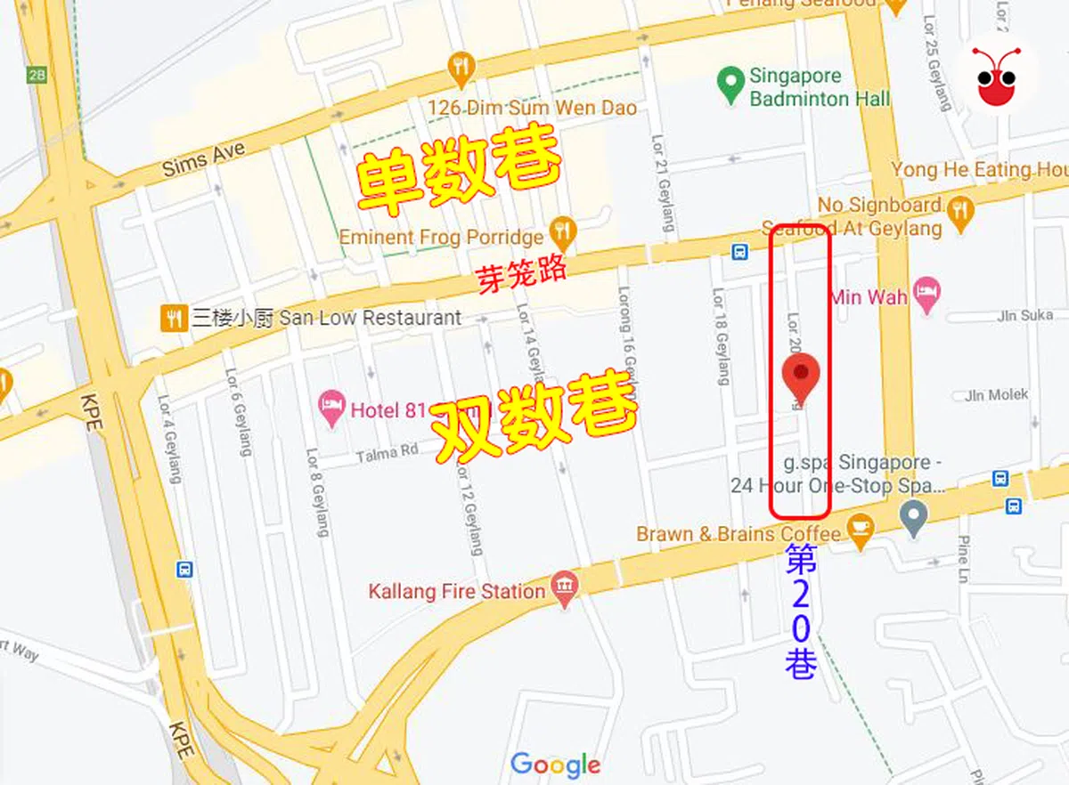  李章伟负责出租店屋位于第20巷（右下）。（谷歌地图/红蚂蚁制图） 