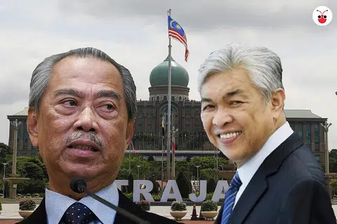 巫统主席阿末扎希（右）撤回对首相慕尤丁（左）的支持肯定不能代表所有巫统议员，是否有过半票数都是极大未知数。（红蚂蚁制图）