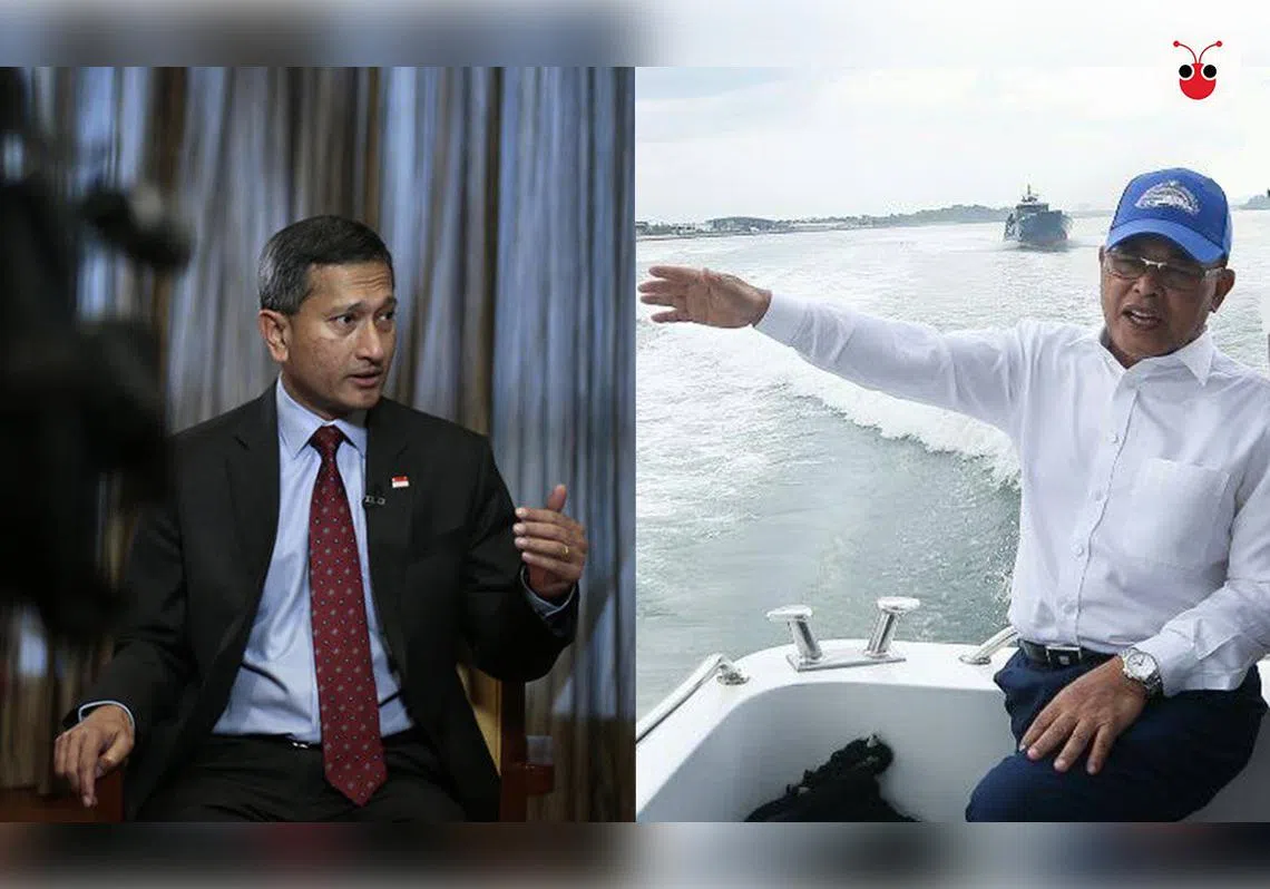 新马两国外交部长才谈得好好的，柔佛州务大臣奥斯曼沙比安（右）隔天竟然就登上入侵我国海域的马国船只。我国外长维文（左）今天在国会上回应：所有行动都要面对后果，需要反击的时候会反击。（曾庆祥制图）