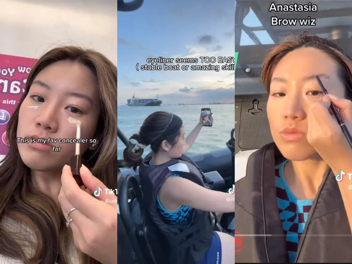 这位女子在各种移动的交通工具上化全妆。（取自TikTok用户unbiden）