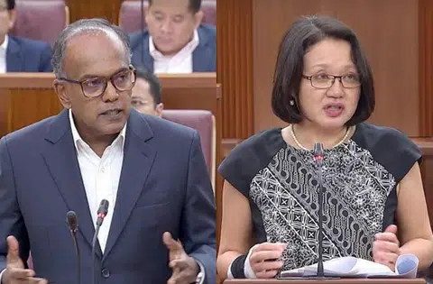 内政部长兼律政部长尚穆根与工人党主席林瑞莲于2月6日在国会上争锋相对。尚穆根说，新条文不剥夺司法审查权。 林瑞莲则称，修正法案使部长变‘世界警察’。 （Gov.sg）