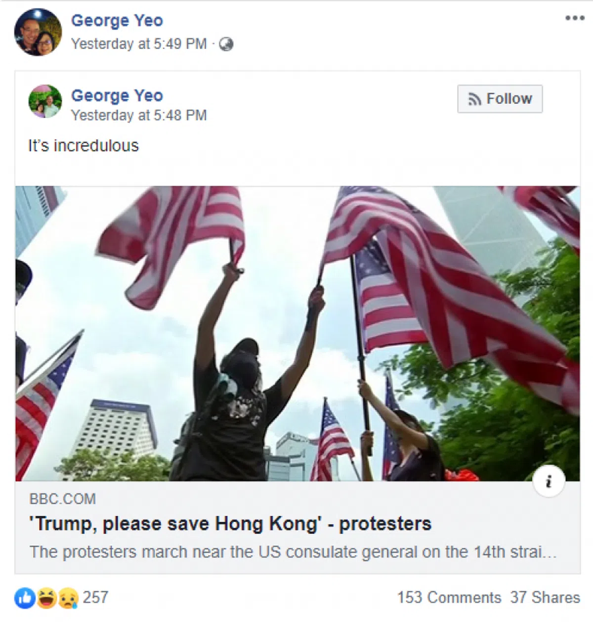  前外长杨荣文昨天在Facebook转贴了“请特朗普解放香港”的新闻报道后，留了一句话：It’s incredulous (这令人不敢相信）。（杨荣文面簿截图） 