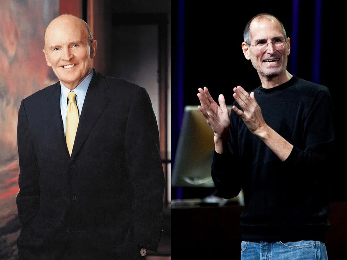 美国通用前总裁杰克·韦尔奇（Jack Welch，左）和苹果公司创始人乔布斯（Steve Jobs，右）。（红蚂蚁制图）