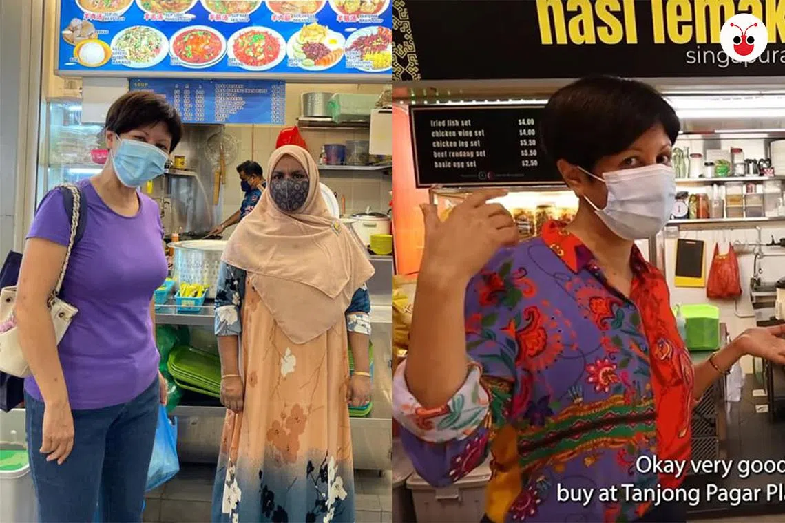 英兰妮部长化身“美食网红”，走访丹绒巴葛集选区的小贩中心，介绍当地特色美食。（英兰妮面簿 / 红蚂蚁制图）