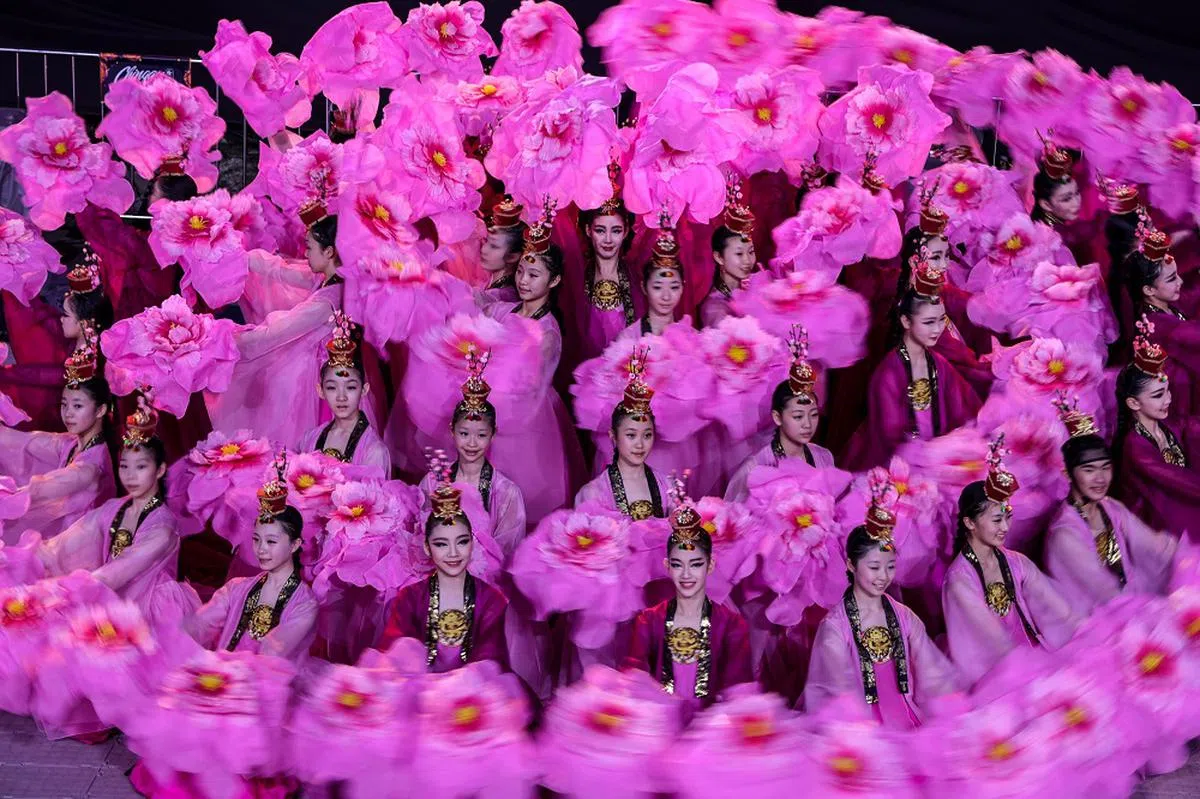年仅15岁至17岁的韩国舞者，以韩国的国花木槿花为主题，呈现传统民族舞蹈。（联合早报）