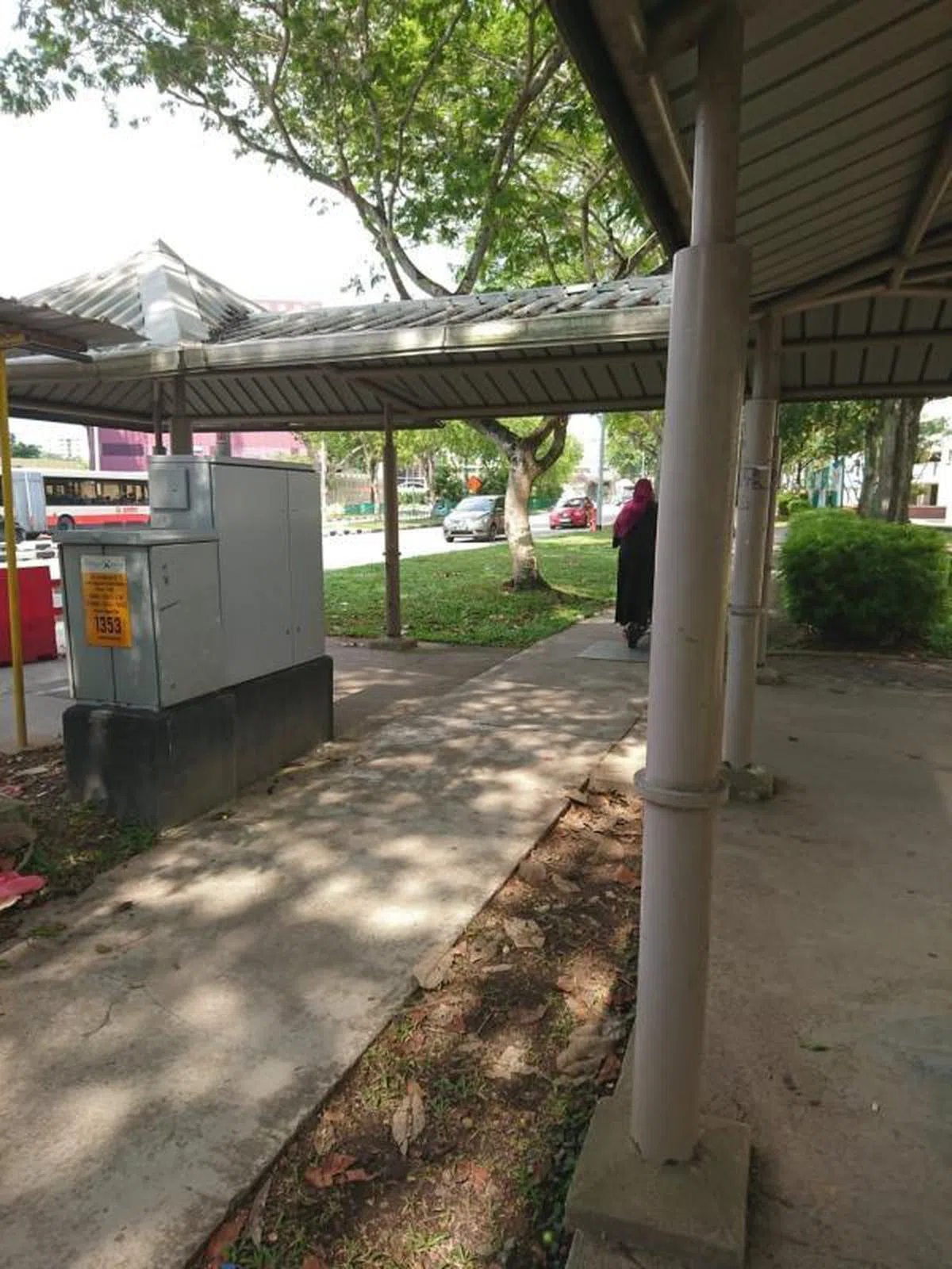  妇女过了马路后走上公共走道时被电动踏板车吓到而跌倒。（受访者提供） 