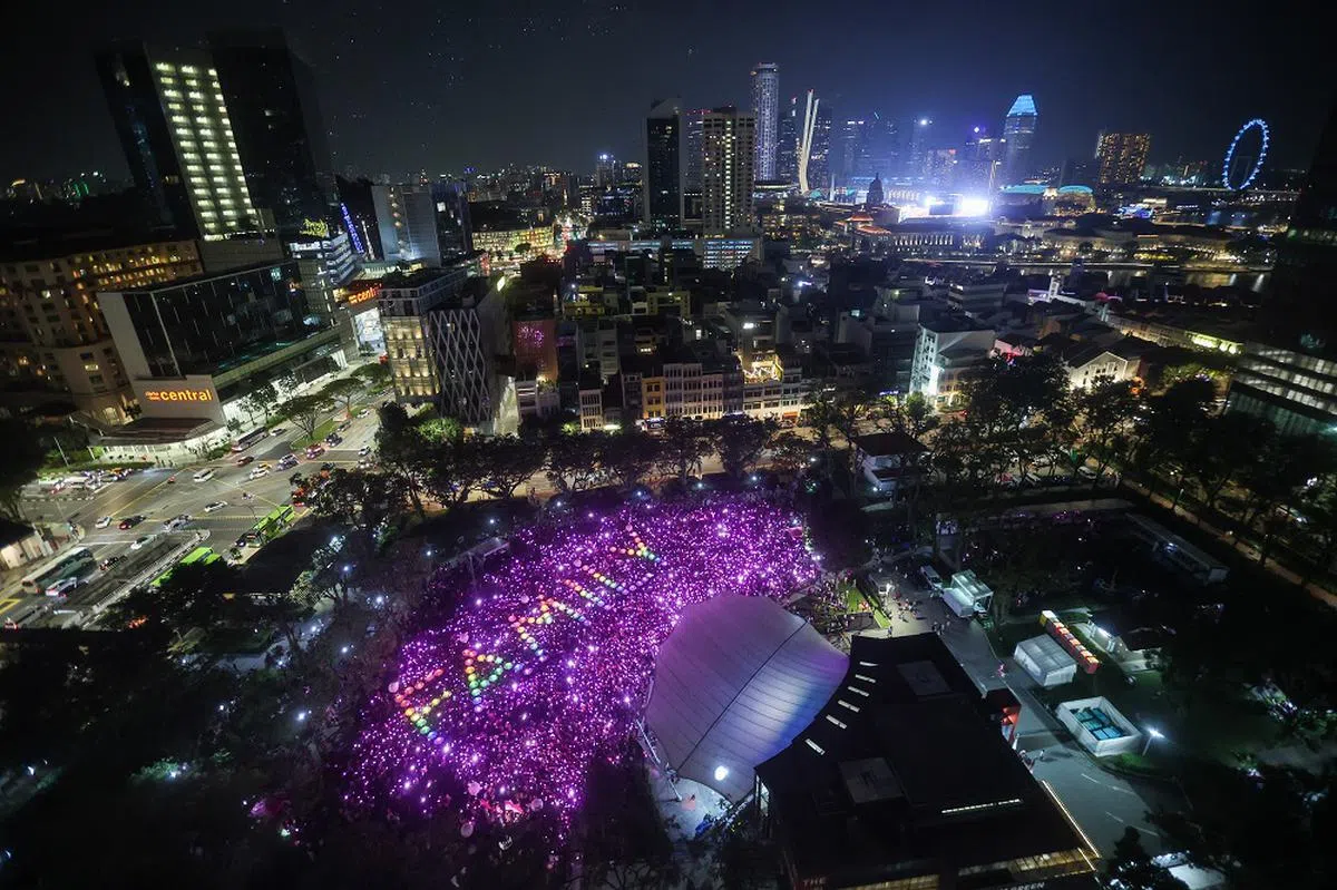 上个星期六，“粉红点”（Pink Dot）集会在芳林公园举行。参与者在入夜后取出手电筒，照耀出粉红色和彩虹色的灯海，拼出“家人”的英文字样。（联合早报）