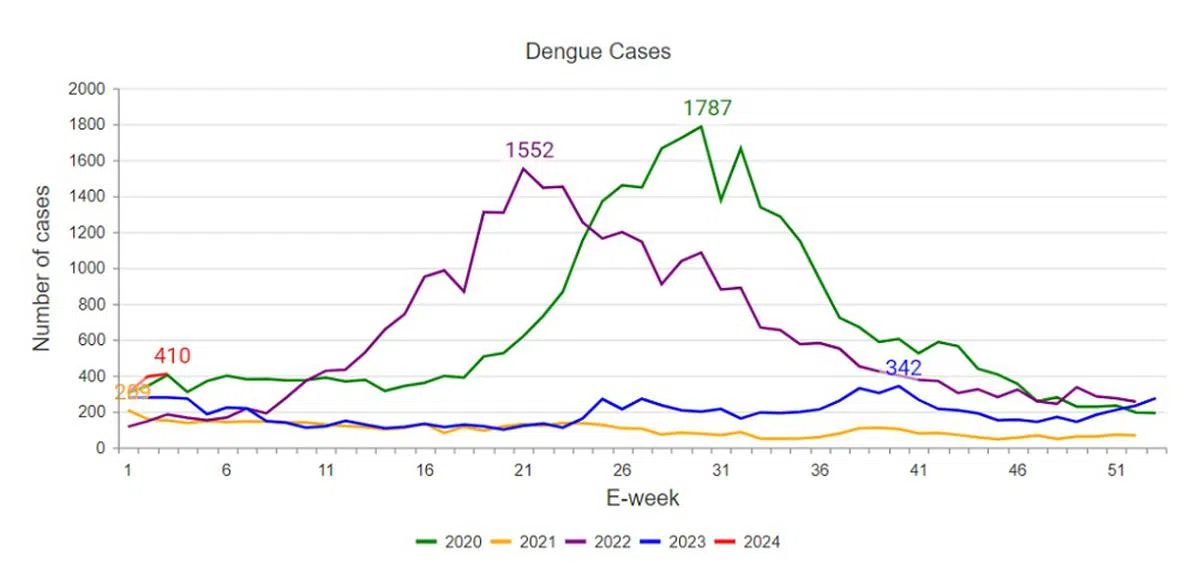 2023年的单周最高纪录是342起骨痛热症病例。2024年才步入第三周，就打破了这个纪录。（国家环境局网站截图）