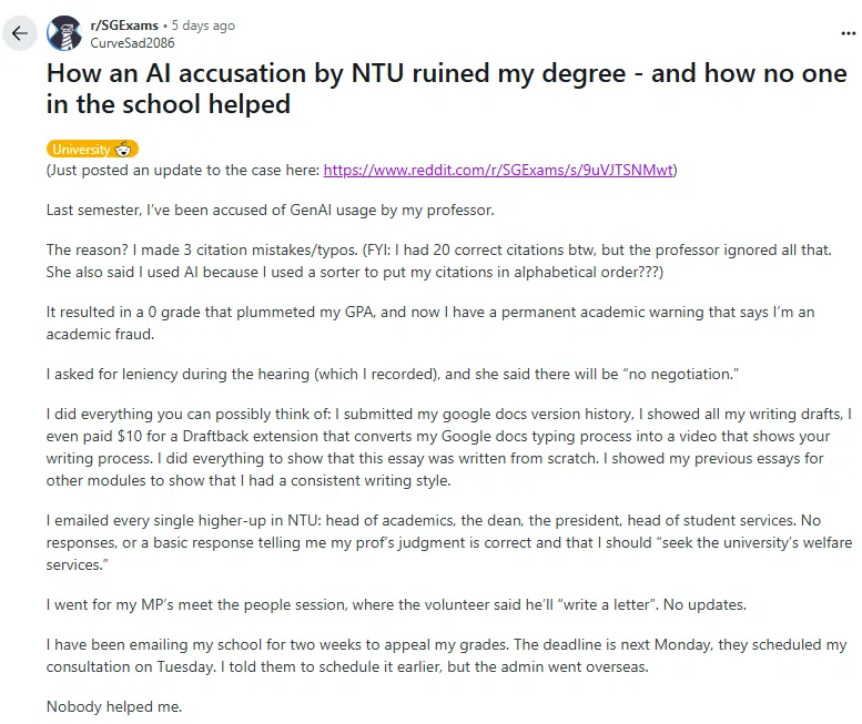 其中一名论文获零分的南大学生6月19日在Reddit发文称，尽管自己提交了谷歌文档版本历史、通过Draftback扩展程序记录的完整写作过程，以及过往论文样本等证据，校方仍拒绝重新审议判罚决定。（Reddit网站截图）