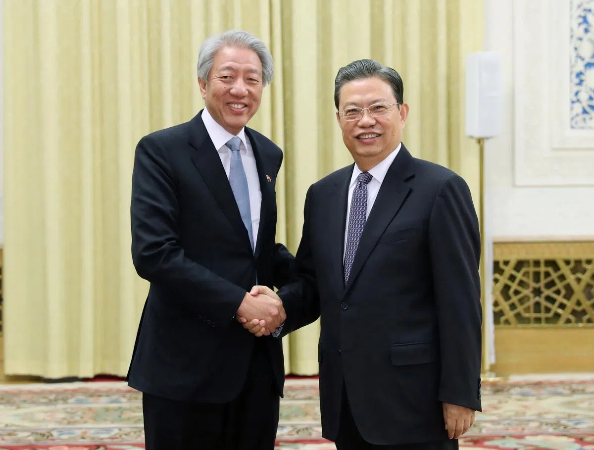  赵乐际（右）今年2月在北京会见到访的张志贤副总理。（新华社） 