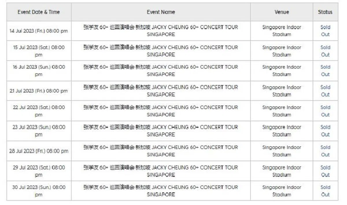 张学友的九场新加坡演唱会售罄。（网上截图）