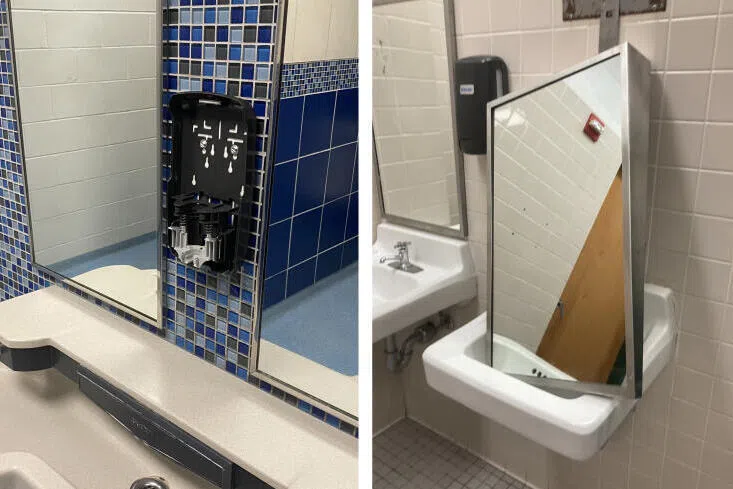 美国学生从学校的厕所偷走洗手液和镜子，过后还把过程拍下，放到TikTok上炫耀“战果”。