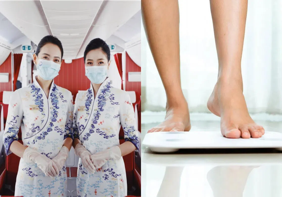 中国海南航空日前发布通知，要求旗下空服员不得超重，引发争议。（红蚂蚁制图）